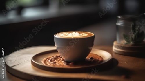 Hot latte coffee with latte art on wooden table. Generative AI