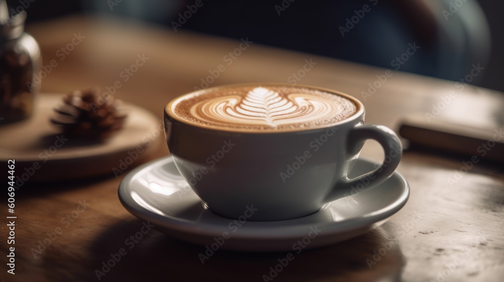 Hot latte coffee with latte art on wooden table. Generative AI Hot latte coffee with latte art on wooden table. Generative AI