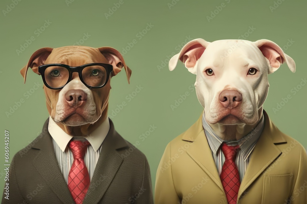 custom made wallpaper toronto digitalTwo dogs dressed as businessmen, portrait photography, solid green background.