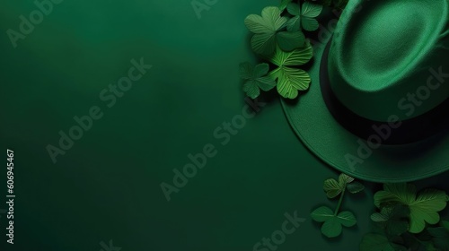 St Patrick's for sale banner background with green hat and green leaves on green pastel background