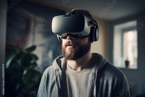 Shocked man watching and wearing virtual reality goggles. Adult looking in VR glasses, experiencing 3D gadget technology. Simulator glasses, another reality concept. Generative AI Technology. © Valeriia