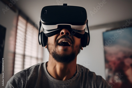 Amazed man watching and wearing virtual reality goggles. Adult looking in VR glasses, experiencing 3D gadget technology. Simulator glasses, another reality concept. Generative AI Technology. © Valeriia