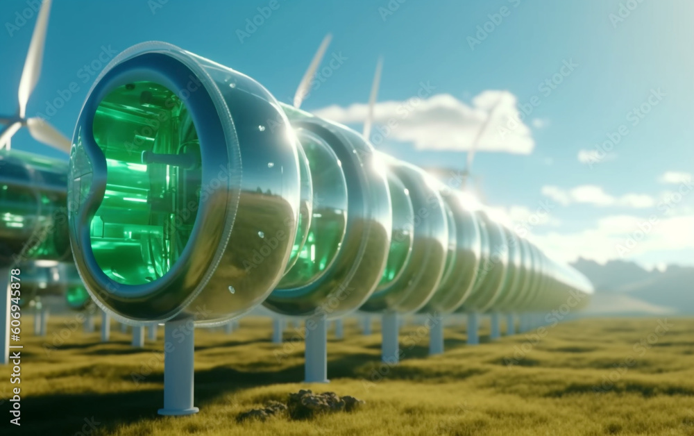 A hydrogen pipeline with wind turbines in the background. Green hydrogen production concept,Generative AI A hydrogen pipeline with wind turbines in the background. Green hydrogen production concept,Generative AI