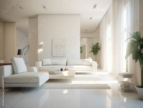 Minimal white modern living room with modern comfortable furniture. Generative AI © Natee Meepian