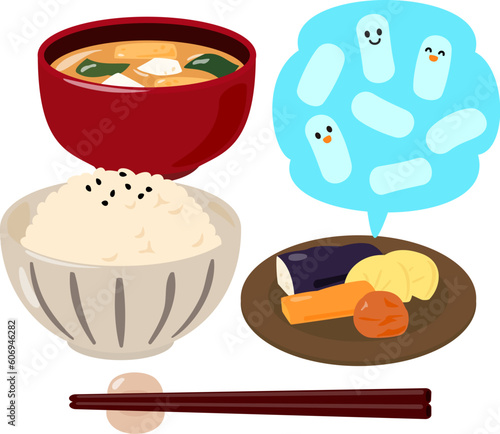 乳酸菌が含まれた漬物と玄米と味噌汁