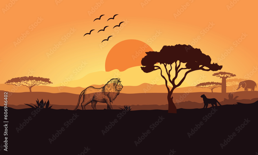 World Wildlife Day. Vector illustration of Africa landscape with wildlife and sunset background