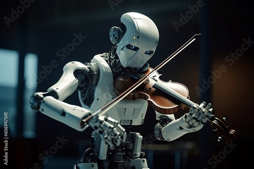 Metal talented Robot equipped with A.I. Humanoid machine plays violin very professionally. Concept of usefulness and versatility of A.I  artificial intelligence technology concept. Generative AI