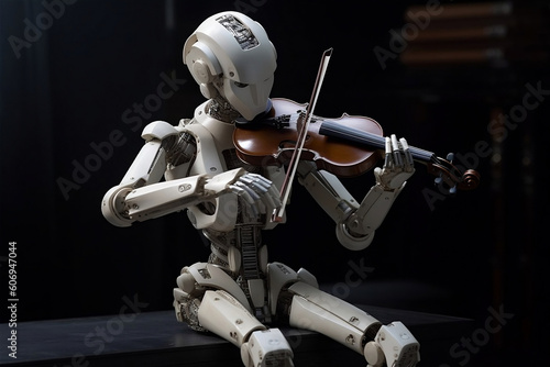 White talented Robot equipped with A.I. Humanoid machine plays violin very professionally. Concept of usefulness and versatility of A.I, artificial intelligence technology concept. Generative AI