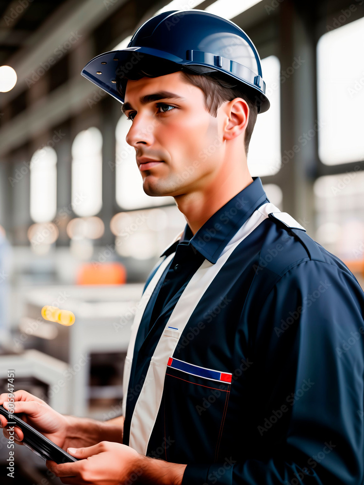 Obraz premium Portrait of a worker on industrial background. Generative AI