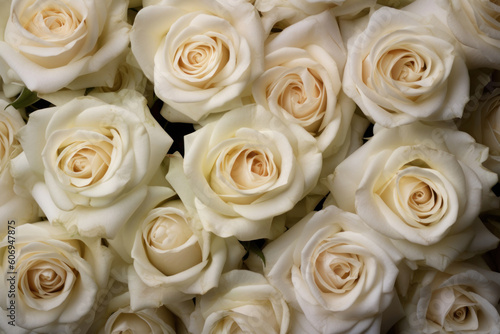 Allover texture of white roses. Beautiful background of flower heads.