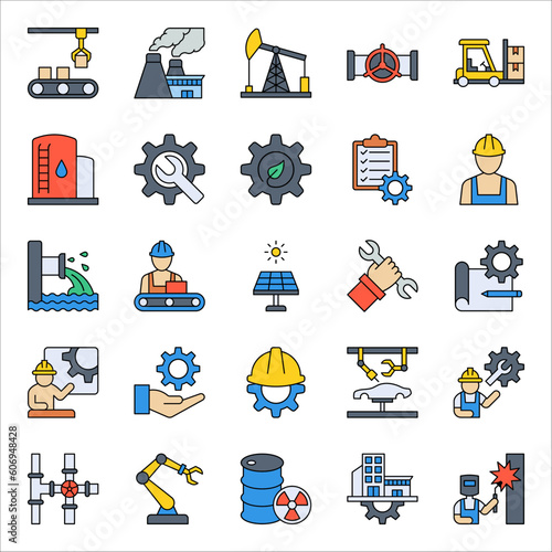 Factory, manufacturing and industry icons, vector illustration on white background