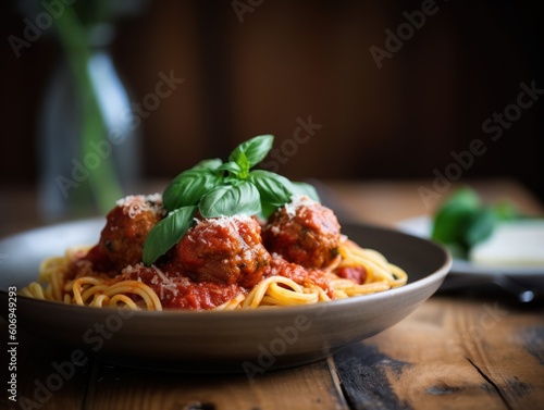 Spaghetti pasta with meatballs and tomato sauce on wooden table. Generative AI