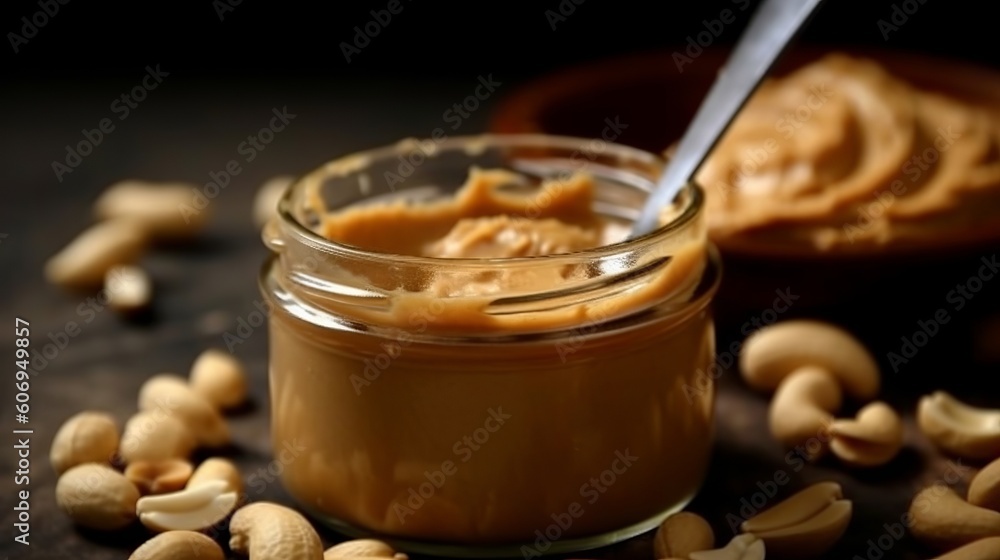 Glass bump with shelled nut butter on table foundation, best see space for content and near. Creative resource, AI Generated Glass bump with shelled nut butter on table foundation, best see space for content and near. Creative resource, AI Generated