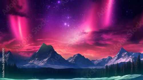 Unpleasant Mountains with Aurora Borealis. Fuchsia Sky Establishment with copyspace. Creative resource, AI Generated photo