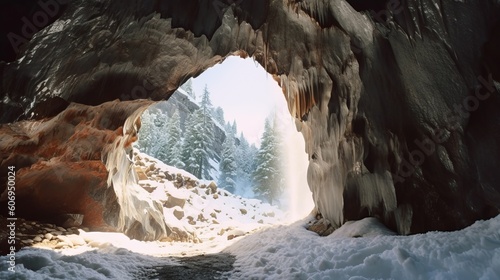 See of softening snow in a cave. Creative resource, AI Generated
