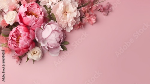 Peonies  roses on pink foundation with duplicate space. Curiously characteristic sprout chart organize with substance space. Creative resource  AI Generated