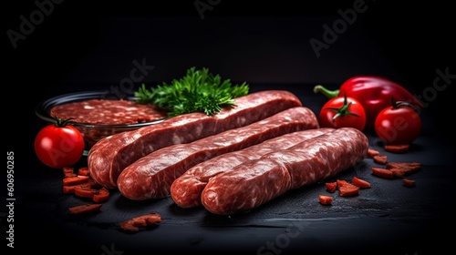 Cut halal Sucuk meat meat wiener. Gloomy establishment. Best see. Copy space. Creative resource, AI Generated
