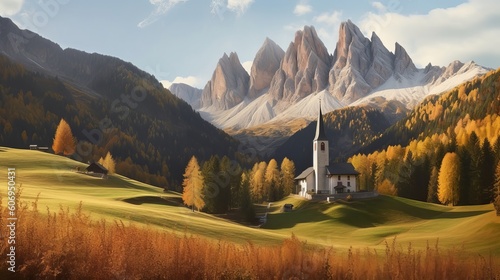 Church interior the valley, lovely nature see. Creative resource, AI Generated