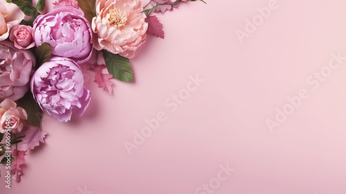 Peonies, roses on pink establishment with copy space. Inquisitively characteristic make chart organize with substance space. Creative resource, AI Generated photo