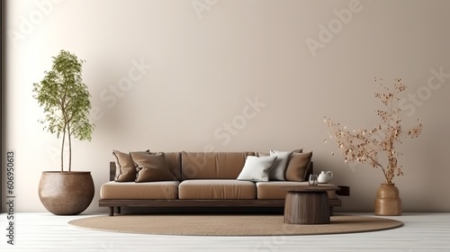 Energize composition of living room inner parts parts with copy space, brown expel chair, in organize vase with office. Creative resource, AI Generated photo