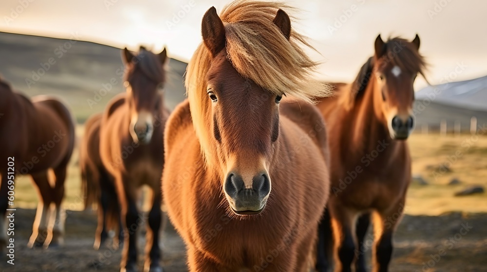 The Icelandic horse may be a breed of horse made in Iceland. Closeup Icelandic steeds. Creative resource, AI Generated The Icelandic horse may be a breed of horse made in Iceland. Closeup Icelandic steeds. Creative resource, AI Generated
