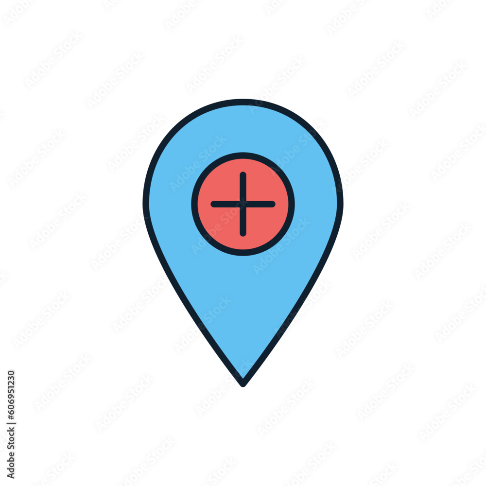 Hospital Location related vector line icon. Pin. Isolated on white background. Vector illustration. Editable stroke Hospital Location related vector line icon. Pin. Isolated on white background. Vector illustration. Editable stroke