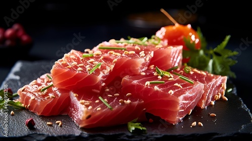 Tasty sashimi (pieces of unused rough angle with sesame seeds) on dull board, closeup. Creative resource, AI Generated