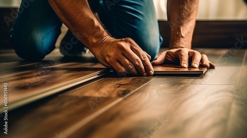 Competent builder man laying cover flooring at family. Creative resource, AI Generated