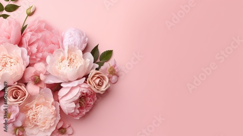 Peonies, roses on pink establishment with copy space. Inquisitively characteristic make chart organize with substance space. Creative resource, AI Generated