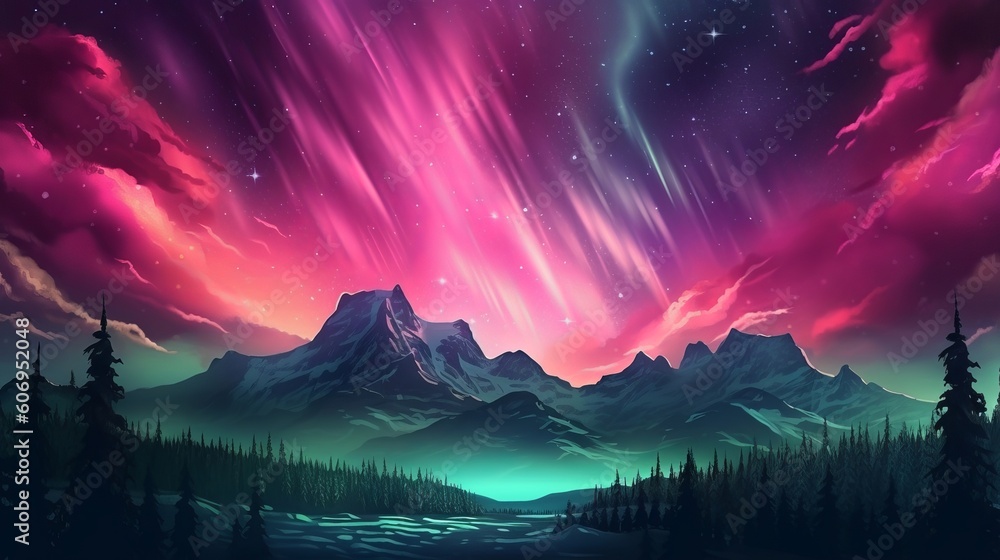 Bothered Mountains with Aurora Borealis. Fuchsia Sky Establishment with copyspace. Creative resource, AI Generated