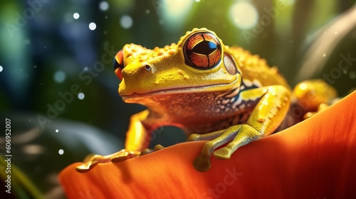 Closeup of a yellow frog on a heliconia plant, Indonesia. Creative resource, AI Generated