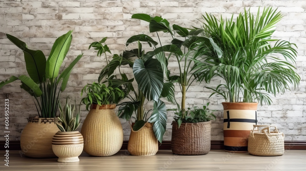 Unmistakable tropical plants in wicker pots close white divider at family. Creative resource, AI Generated Unmistakable tropical plants in wicker pots close white divider at family. Creative resource, AI Generated