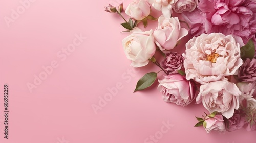 Peonies, roses on pink establishment with copy space. Inquisitively characteristic make chart organize with substance space. Creative resource, AI Generated