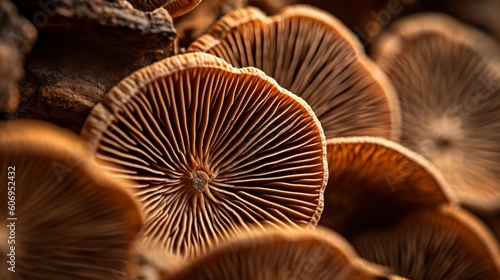 Closeup of portabella mushroom gills. Creative resource, AI Generated