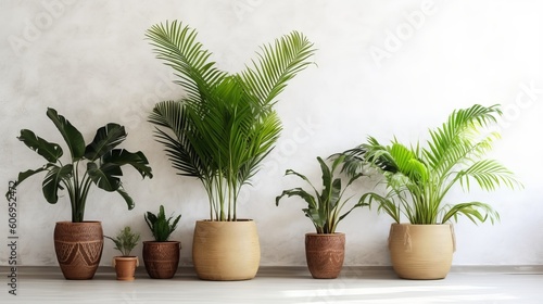 Unmistakable tropical plants in wicker pots near white divider at family. Creative resource  AI Generated
