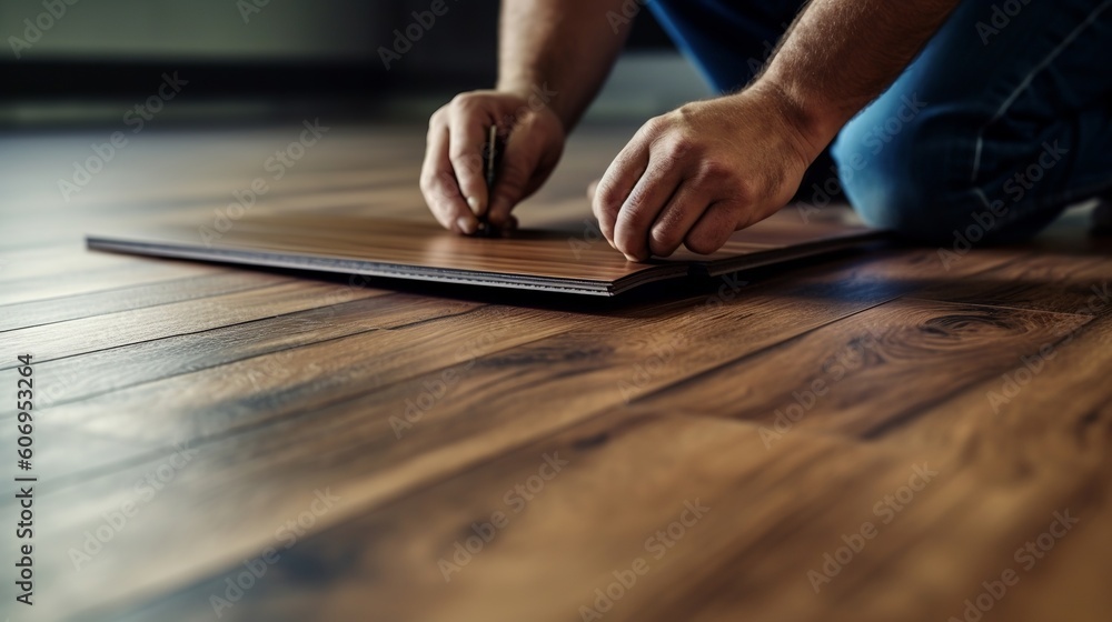 Competent builder man laying cover flooring at family. Creative resource, AI Generated Competent builder man laying cover flooring at family. Creative resource, AI Generated