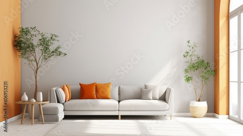 Copy space on cleanse white divider of well off living room interior parts parts with dim and orange bolt in. Creative resource, AI Generated photo