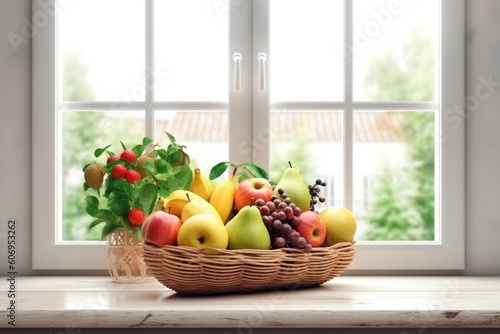 Fresh fruits on a wooden table, generative ai