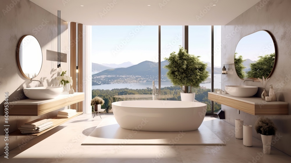 Fototapeta premium Beat see of light washroom interior parts with shower, sink and all checking window. Creative resource, AI Generated