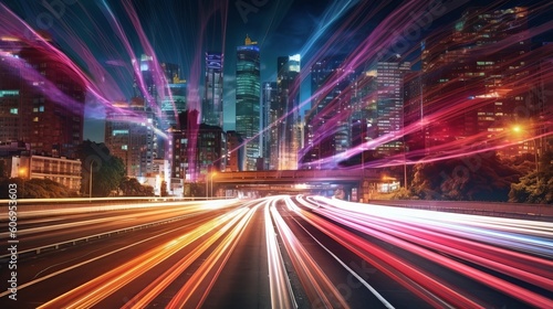A Colorful Change Establishment of City Light Trails. Creative resource  AI Generated