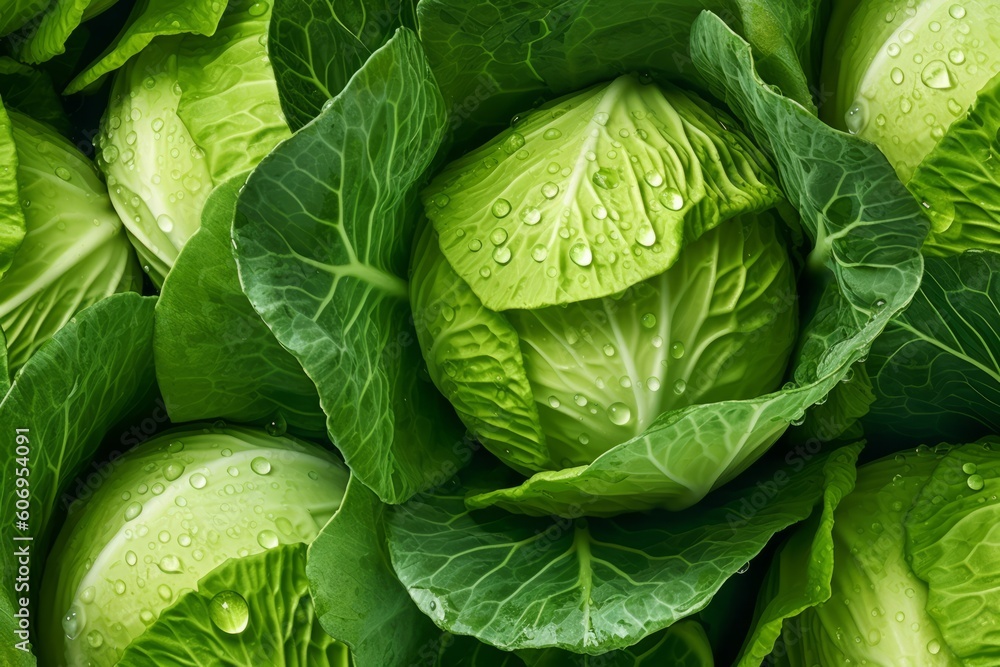 Fototapeta premium Fresh green cabbage with drops of dew. Cabbage background. Ai generated.