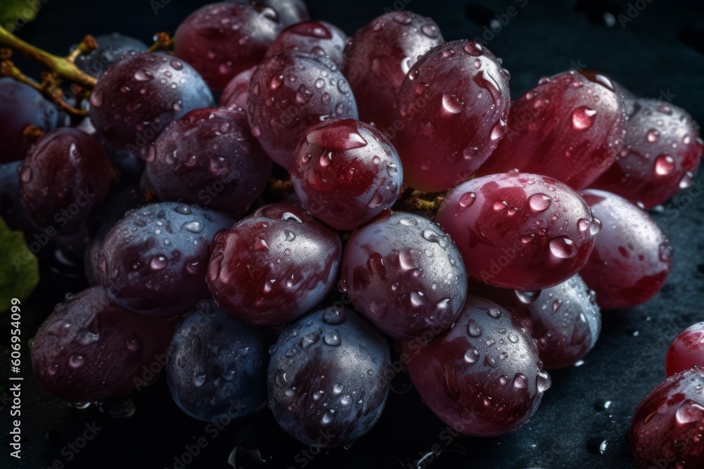 Grapes with water drops on a dark background. Toned. Ai generated.