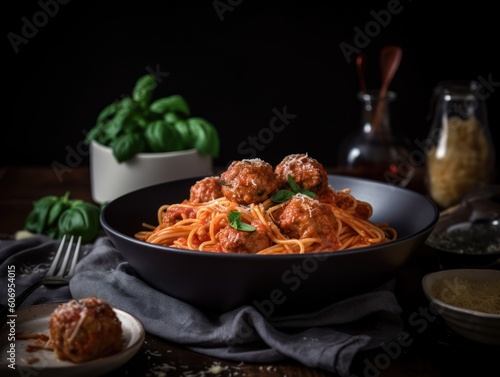 Spaghetti pasta with meatballs and tomato sauce on wooden table. Generative AI
