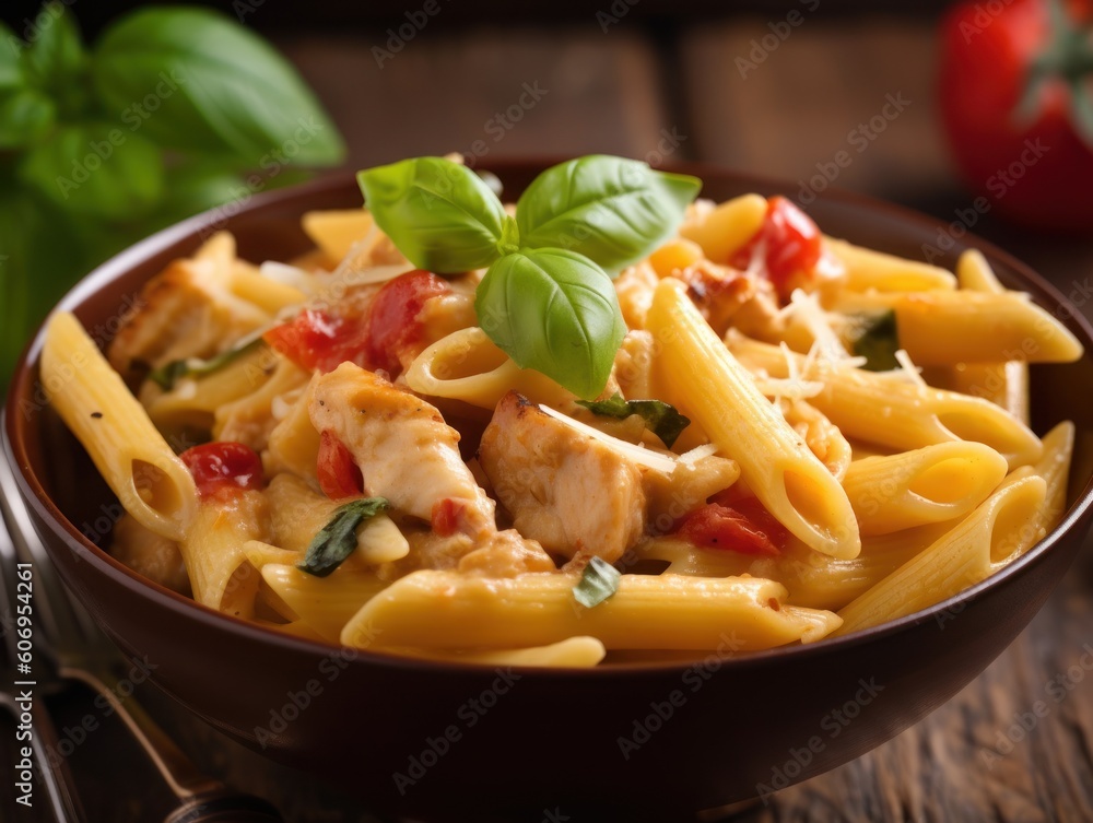 Penne pasta in tomato sauce with chicken in a bowl. Generative AI Penne pasta in tomato sauce with chicken in a bowl. Generative AI