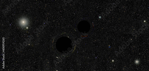 Two black holes swirling around each other about to collide The merger of black holes radiating gravity field Time bends quasars spacetime bends Event horizon Deep space 3d illustration