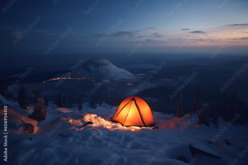 Winter camping beneath a starry sky in a serene snow-covered wilderness. AI Generative