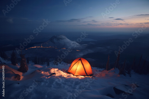 Winter camping beneath a starry sky in a serene snow-covered wilderness. AI Generative