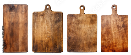 Four old wooden cutting boards isolated on transparent background, Generative AI