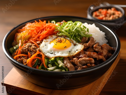 korean food. bibimbap. korean table setting. Generative AI. 