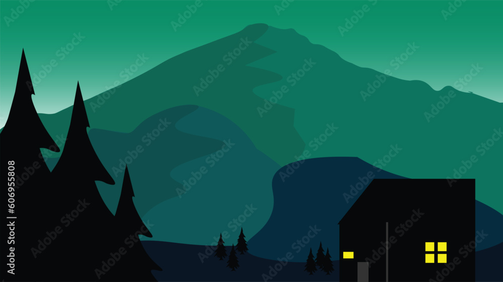 a house with mountains in the background at halloween